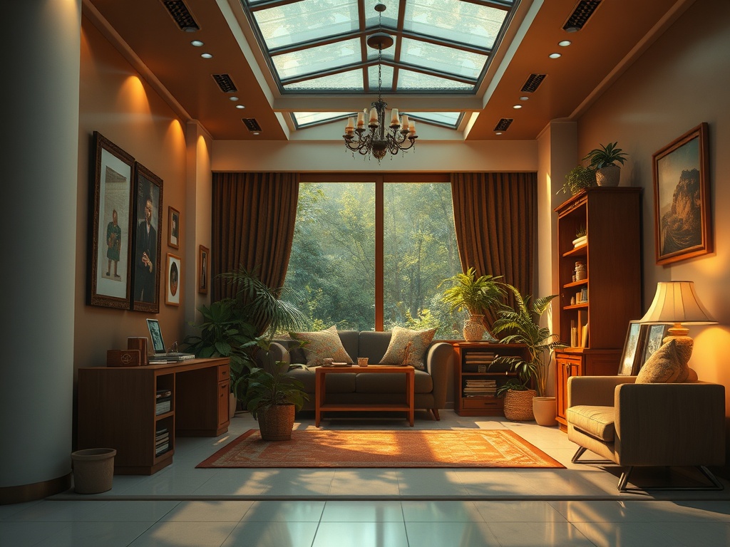 Уютная комната с большими окнами, растениями, мебелью и картинами на стенах в тёплых тонах.