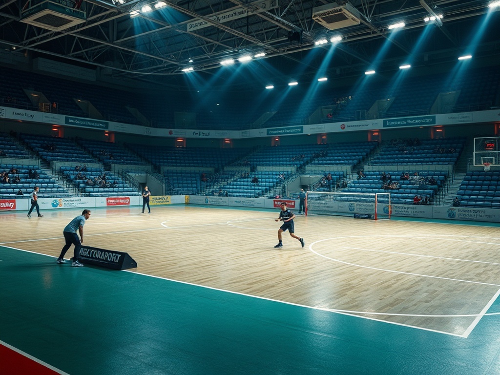 Пустой спортивный зал с двумя игроками, готовящимися к игре, и зрителями на трибунах.