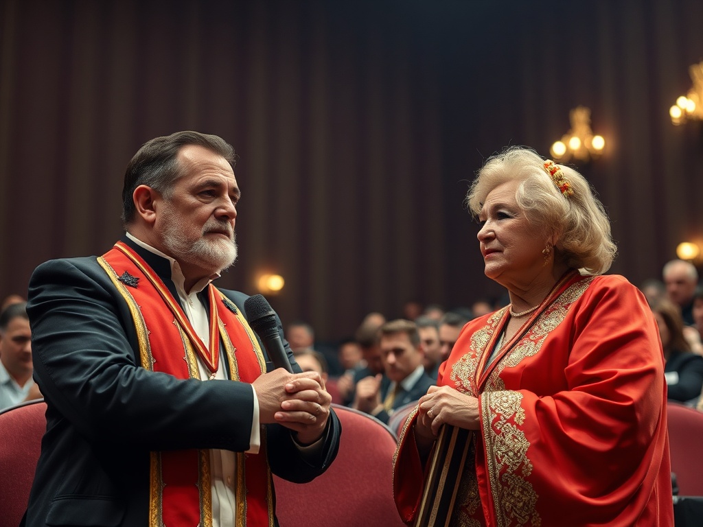 Два человека в театральной одежде беседуют на сцене перед зрителями. Атмосфера торжественная и серьезная.