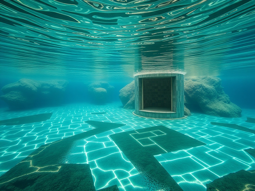 Подводный вид с чистой водой, камнями и круглым строительством на дне. Свет отражается от поверхности воды.