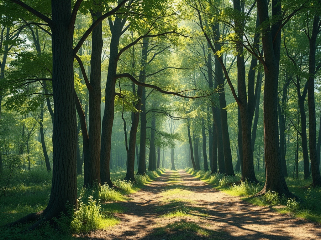 Светлый лесной путь, окруженный высокими деревьями и густой зеленью, покрытый мягкой травой.