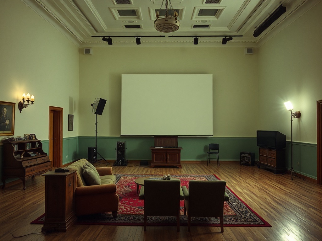 Комната с экраном для кино, диванами и стульями. Стены светло-зеленого цвета и деревянный пол.