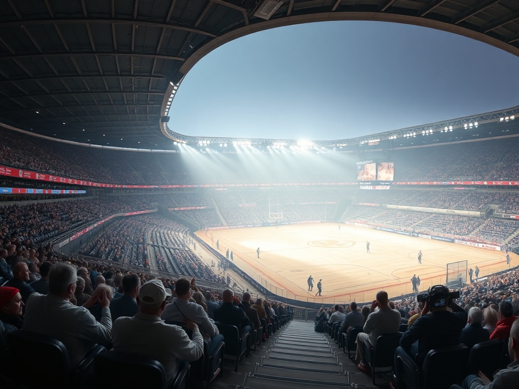 Вид на заполненный стадион во время баскетбольного матча с ярким освещением и атмосферой ожидания.