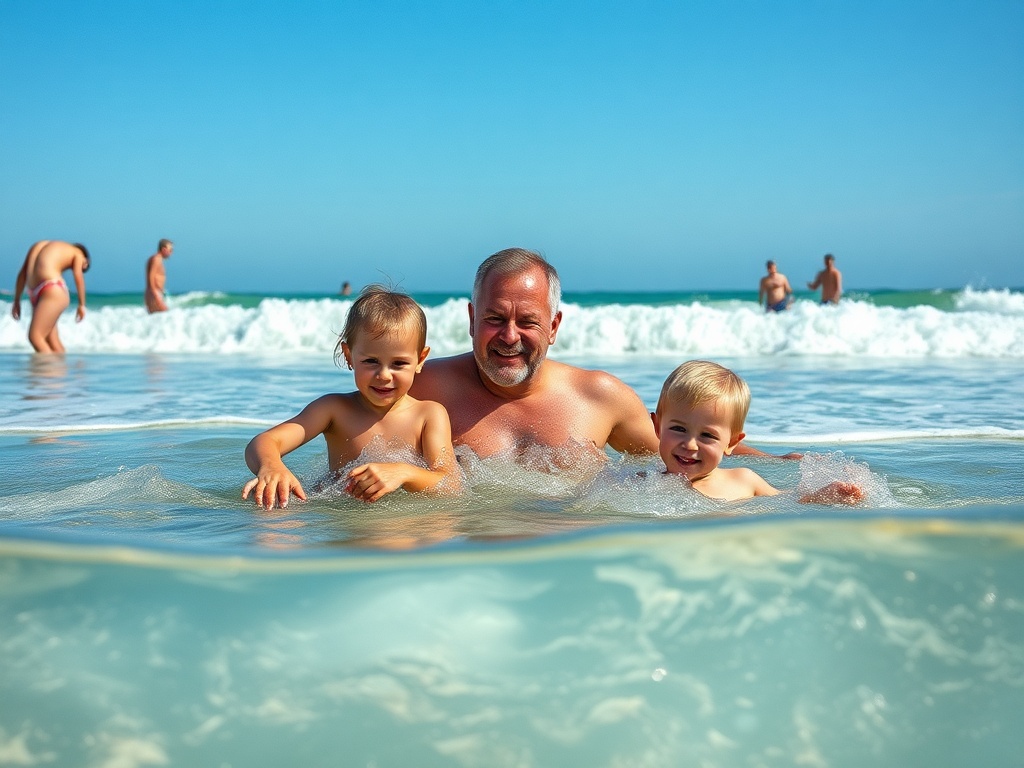 На пляже в воде дедушка с двумя маленькими внуками, солнечный день и волны на фоне.